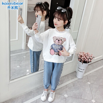 开米熊女童卫衣2020年春新子供给韩国版潮洋气薄金网赤い长袖の中で、大童白い漫画が捺染されている白の150 yaードは身长140 cmのぐすをお勧めします。